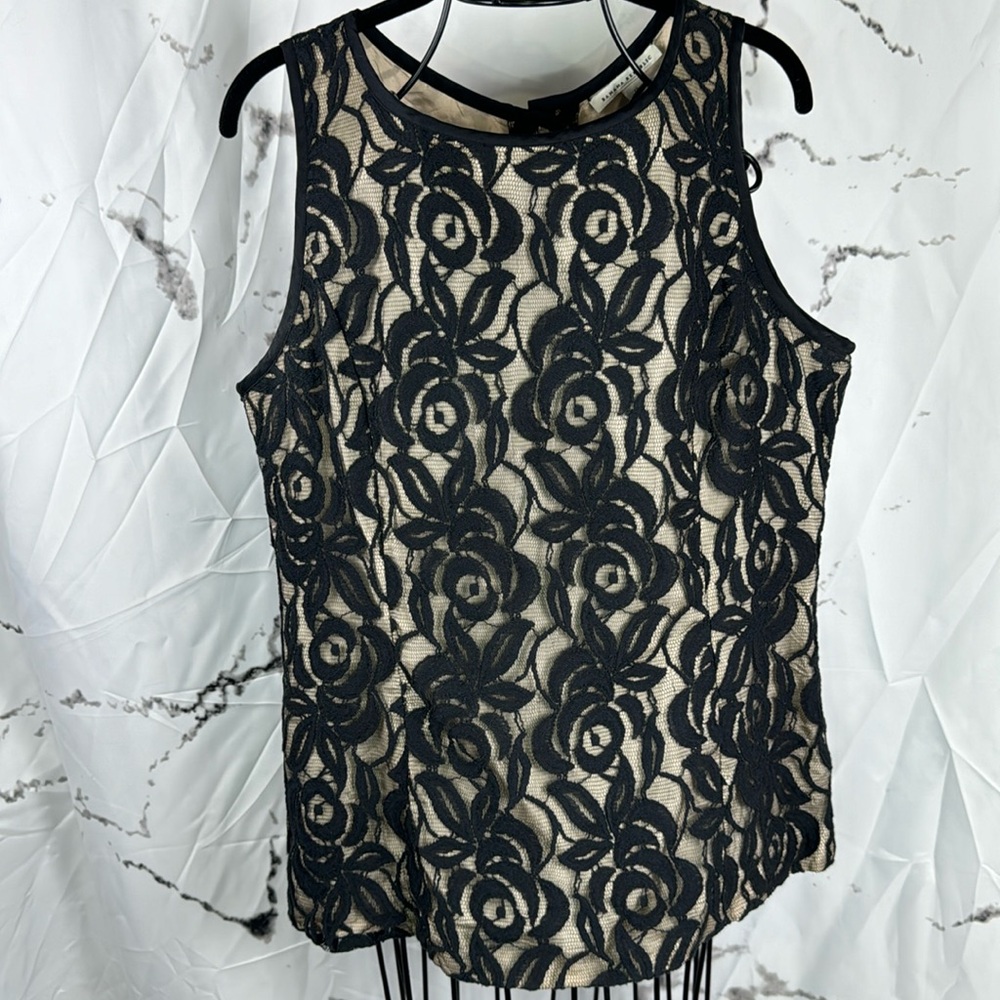 Banana Republic Lace Shell Top Black Lace Over Nude Lined Satin Button-Up Back